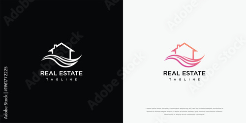 Modern Real Estate House Logo Design with Waves in Two Color Variations