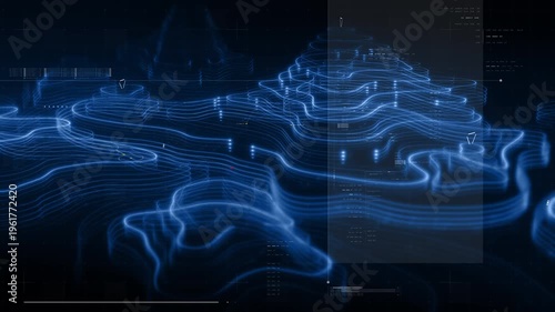 Futuristic holographic topographic environment featuring dynamic geomorphological terrain visualization, integrated into an advanced motion graphic user interface with a head-up display screen