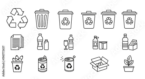 Recycling symbols and waste management icons.