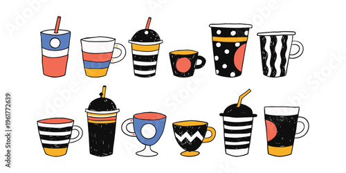 Coffee cups set naive outline sketch vector illustration
