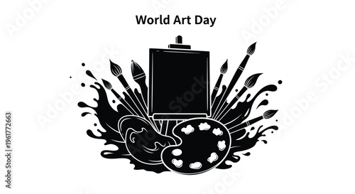 Black and white vector graphic illustration celebrating world art day with brushes easel and paint splatters