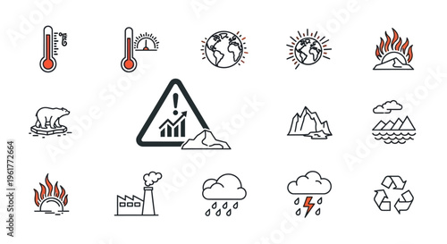 Climate Change Warning Signs Icons.