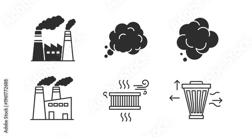 Industrial pollution smoke emission icons.