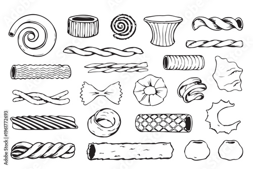 Pasta elements set bold outline sketch various types of noodles and shapes