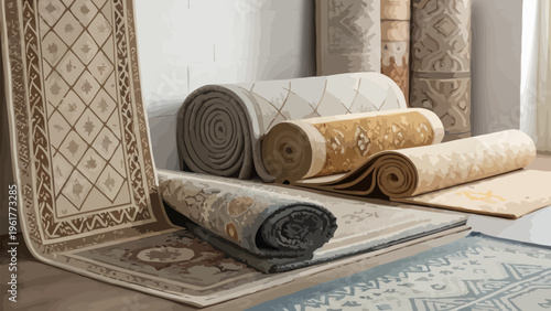 Variety of rolled and unfolded rugs in a room with white walls and floor