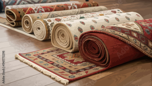 Colorful rugs shown folded or rolled on wooden floor adding dimension and texture
