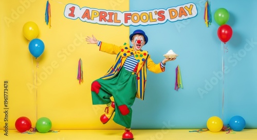 Colorful Clown theme April Fools Day design Funny Jester concept Playful Prank illustration Mischievous Character art Festive Celebration style Vibrant Entertainment Wallpaper Background image