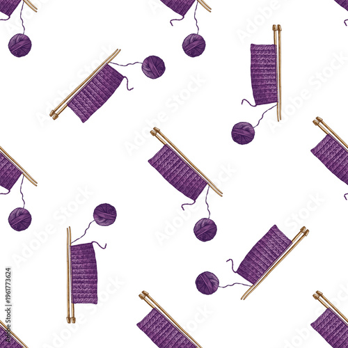 Hand drawn vintage seamless pattern of knitting needles with yarn ball and knitted fabric textile repeat background design