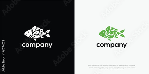 Organic Fish Logo Design Concept with Green Leaves