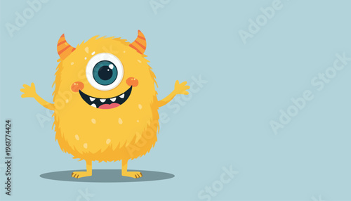 Cute yellow fluffy one eyed monster cartoon character smiling with horns and open arms cheerful fantasy creature vector illustration isolated on pastel blue background.