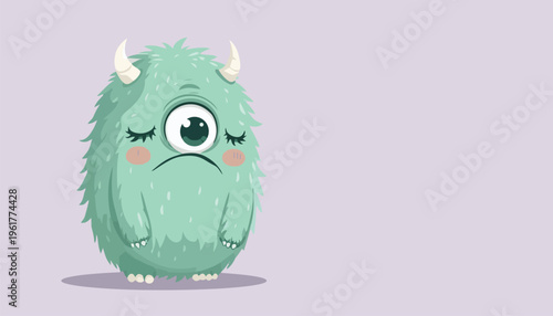 Cute green fluffy one eyed monster cartoon character with small horns and sad expression adorable fantasy creature vector illustration isolated on soft pastel background for kids design.