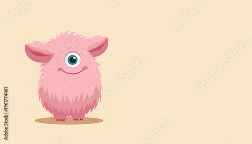 Cute pink fluffy one eyed cartoon monster character with big eye smiling adorable fantasy creature vector illustration isolated on beige background for kids design mascot icon arts.