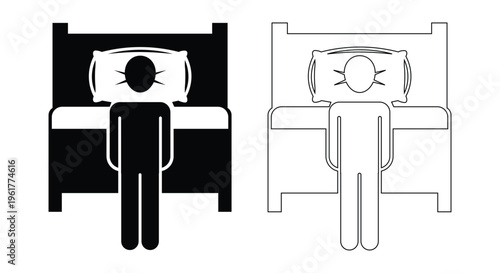 Simple vector illustration depicting a stick figure person sleeping soundly in bed.