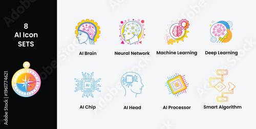 Set of 8AI and Technology Icons with Gradient Colors and Text Labels Keywords AI, artificial