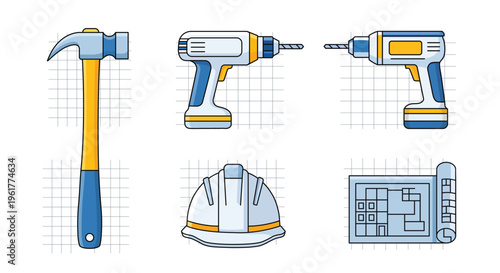 Professional collection of vector construction tools, safety helmet, and architectural plans.