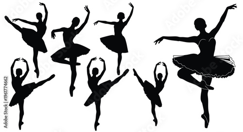 Graceful vector ballet dancer silhouettes performing various poses for dance illustration design