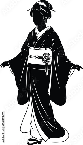 Elegant japanese woman in traditional kimono and ornate hairstyle vector illustration.