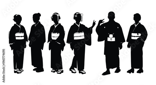 Group of Japanese people in traditional attire standing as black vector silhouettes.