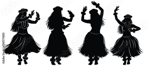 Vector graphic illustration of traditional Hawaiian hula dancers in graceful island silhouettes.