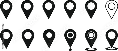 Collection of location pin vector icons in solid and outline styles for maps navigation and gps marker design