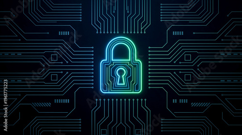Abstract cybersecurity concept with glowing digital lock symbol.