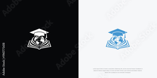 Global Education Logo Design with Graduation Cap Globe and Open Book