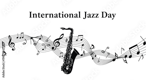 Elegant International Jazz Day vector graphic illustration showcasing a saxophone amidst flowing musical notes, perfect for an event design banner.