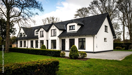 Modern white house with black roof and well manicured lawn and hedges