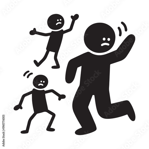 Three Nervous Black Stick Figures Running and Waving in Minimalist Vector Illustration