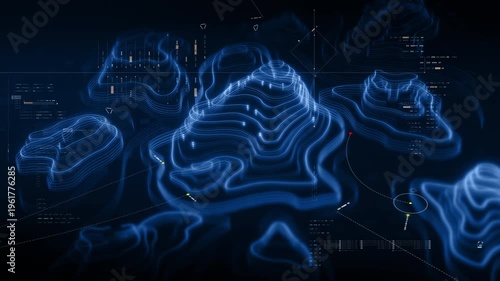 Futuristic holographic topographic environment featuring dynamic geomorphological terrain visualization, integrated into an advanced motion graphic user interface with a head-up display screen
