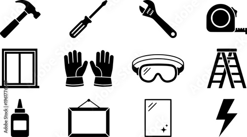 DIY Tool Icons. DIY home repair. Line outline icon set of DIY home repair: hammer, screwdriver, wrench, tape
