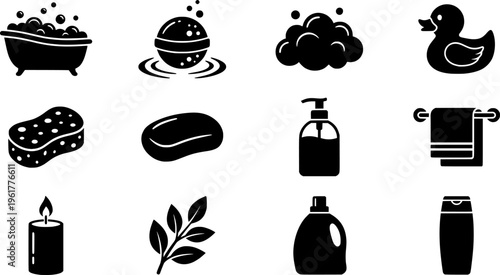 Bath Rituals Icon Set. Outline icon set of bath rituals: bath tub, bath bomb, foam bubbles, rubber duck,
