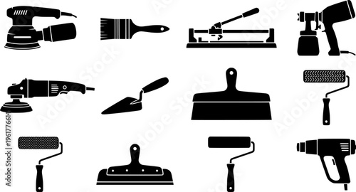 Metal Finishing Icons. Outline icon set of metal finishing techniques: sanding, painting, anodizing, powder
