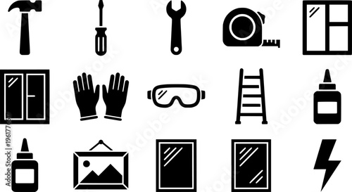 DIY Tool Icons. DIY home repair. Line outline icon set of DIY home repair: hammer, screwdriver, wrench, tape
