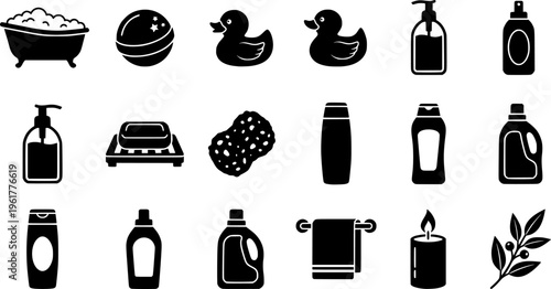Bath Rituals Icon Set. Outline icon set of bath rituals: bath tub, bath bomb, foam bubbles, rubber duck,
