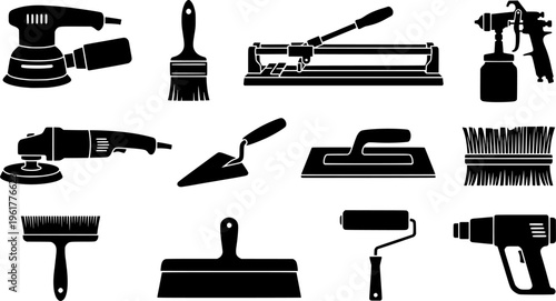 Metal Finishing Icons. Outline icon set of metal finishing techniques: sanding, painting, anodizing, powder
