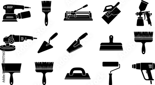 Metal Finishing Icons. Outline icon set of metal finishing techniques: sanding, painting, anodizing, powder
