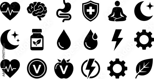 Tea Benefits Icon Set. Outline icon set of tea health benefits: heart icon, calm brain, digestion symbol,
