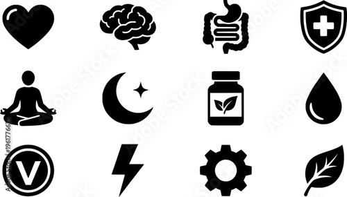 Tea Benefits Icon Set. Outline icon set of tea health benefits: heart icon, calm brain, digestion symbol,
