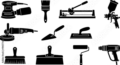 Metal Finishing Icons. Outline icon set of metal finishing techniques: sanding, painting, anodizing, powder
