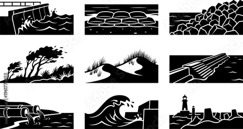 Coastal Protection Icons. Outline icon set of coastal protection elements: seawall, sandbags, breakwater,
