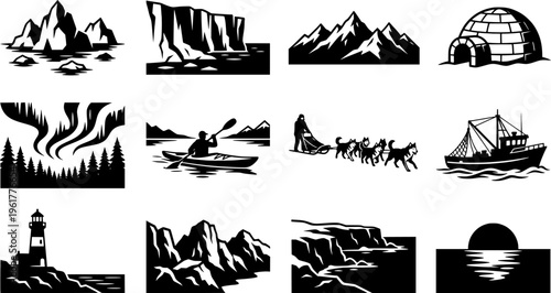 Greenland Icon Collection. Greenland. Line outline icon set of Greenland: iceberg, glacier, fjord, igloo, aurora
