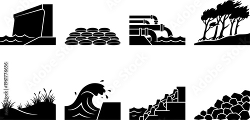 Coastal Protection Icons. Outline icon set of coastal protection elements: seawall, sandbags, breakwater,
