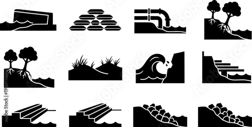 Coastal Protection Icons. Outline icon set of coastal protection elements: seawall, sandbags, breakwater,
