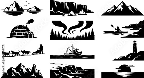 Greenland Icon Collection. Greenland. Line outline icon set of Greenland: iceberg, glacier, fjord, igloo, aurora
