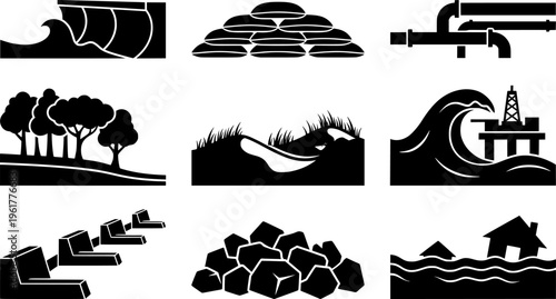 Coastal Protection Icons. Outline icon set of coastal protection elements: seawall, sandbags, breakwater,
