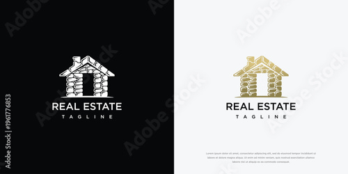 Real Estate House Logo Design with Textured Brick Stone Wall