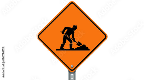 Road work ahead construction warning sign on pole