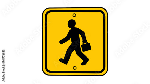 Yellow pedestrian crossing sign with a business person walking