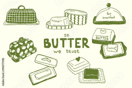 Butter kitchen illustration set with retro dishes and dairy serving ware